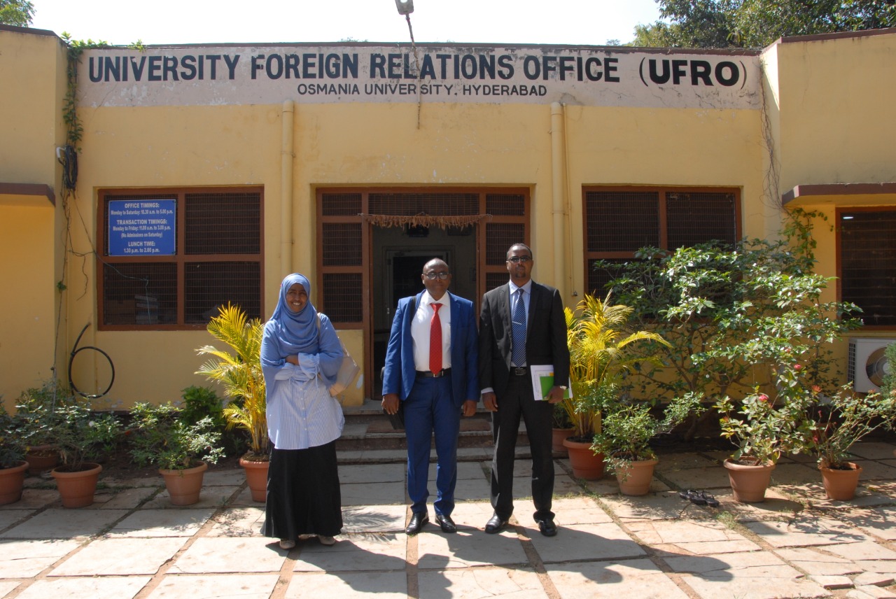 Dr. Mohamed Muse Jibril, Vice President, Academic Affairs, Amoud University (centre), Said Hassan Habaneh, Director, Human Resource Department, Amoud University (right) and Dr. Hodan Suleiman Ahmed (left), Clinical Supervisor, Amoud College of Health Sciences (ACHS) at University Foreign Relations Office, Osmania University (UFRO), India.
